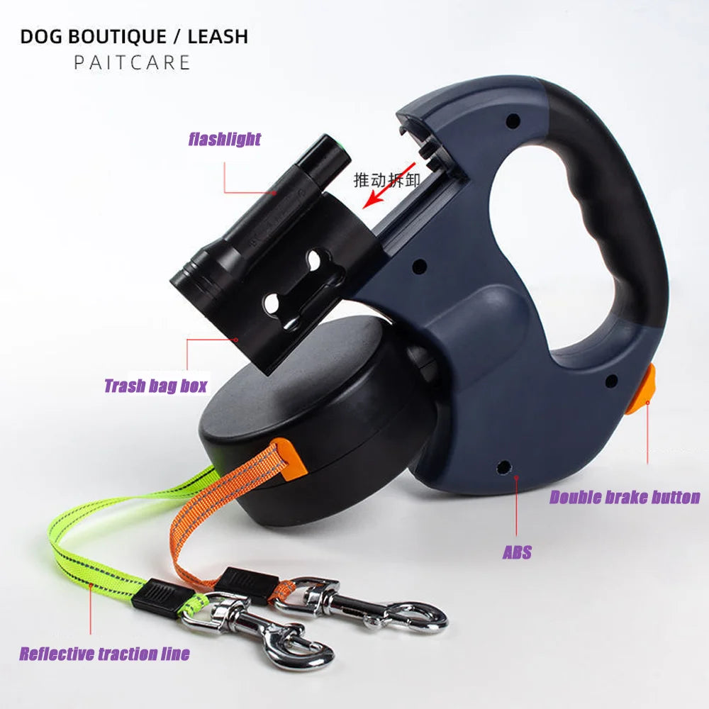 (2) Two Dog Reflective Retractable Pet Leash Ropes – 360 Degree Zero Tangle - Two Dogs Each up to 50 Lbs, Reflective Orange and Green Leads, Dual Locking, Auto Retractable with Flashlight