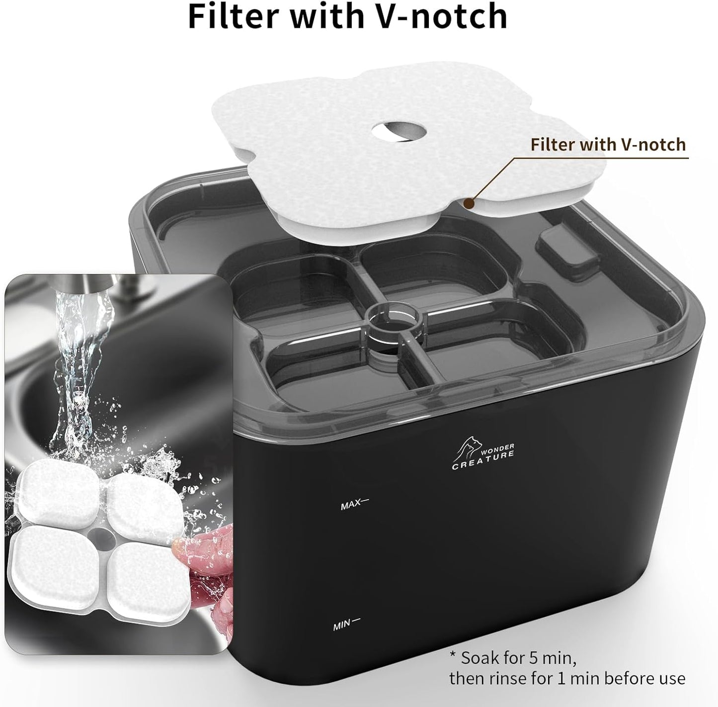 Crystal Cat Water Fountain Stainless Steel with 4 Filters and 4 Sponges, 101Oz/3L Pet Fountain with LED Light for Cats and Dogs (Black)