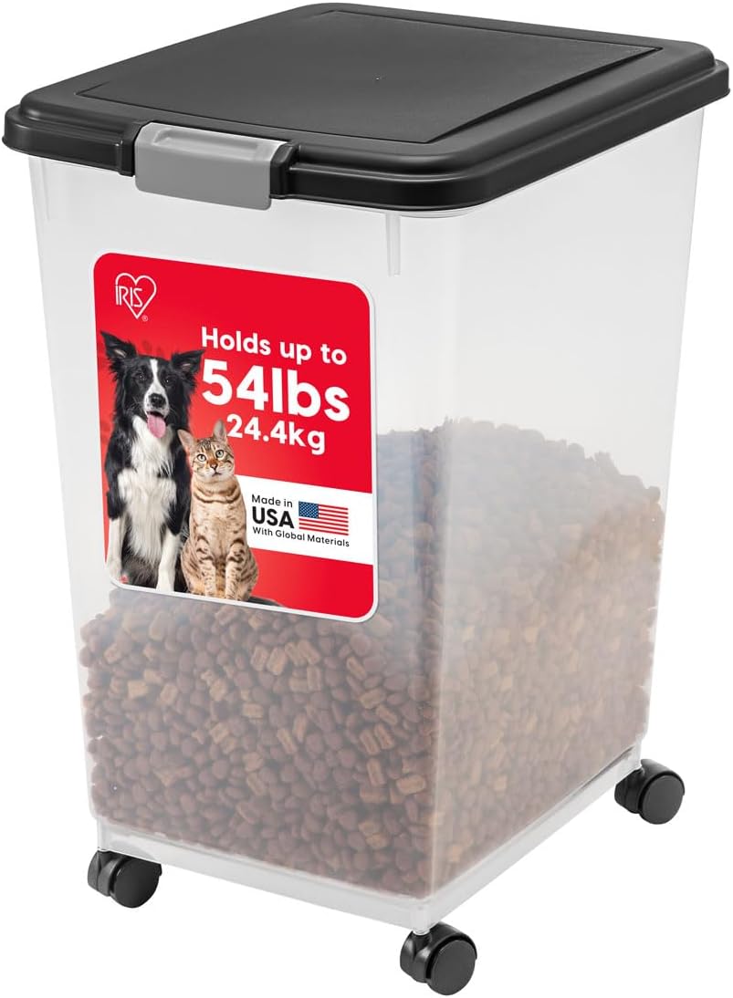 Airtight Dog Food Storage Container, up to 30 Lbs, Attachable Wheels, for Dog Cat Bird and Other Pet Food Storage Bin, Keep Fresh, Easy Mobility, BPA Free, Black