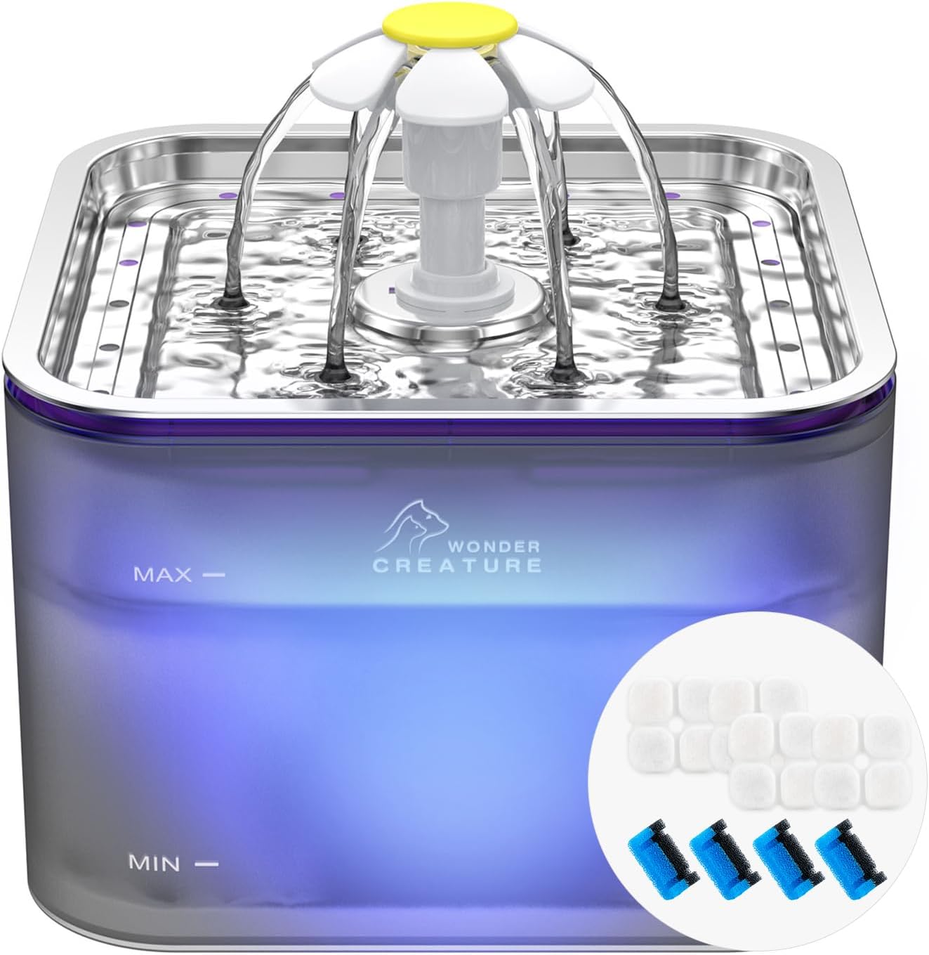 Crystal Cat Water Fountain Stainless Steel with 4 Filters and 4 Sponges, 101Oz/3L Pet Fountain with LED Light for Cats and Dogs (Black)