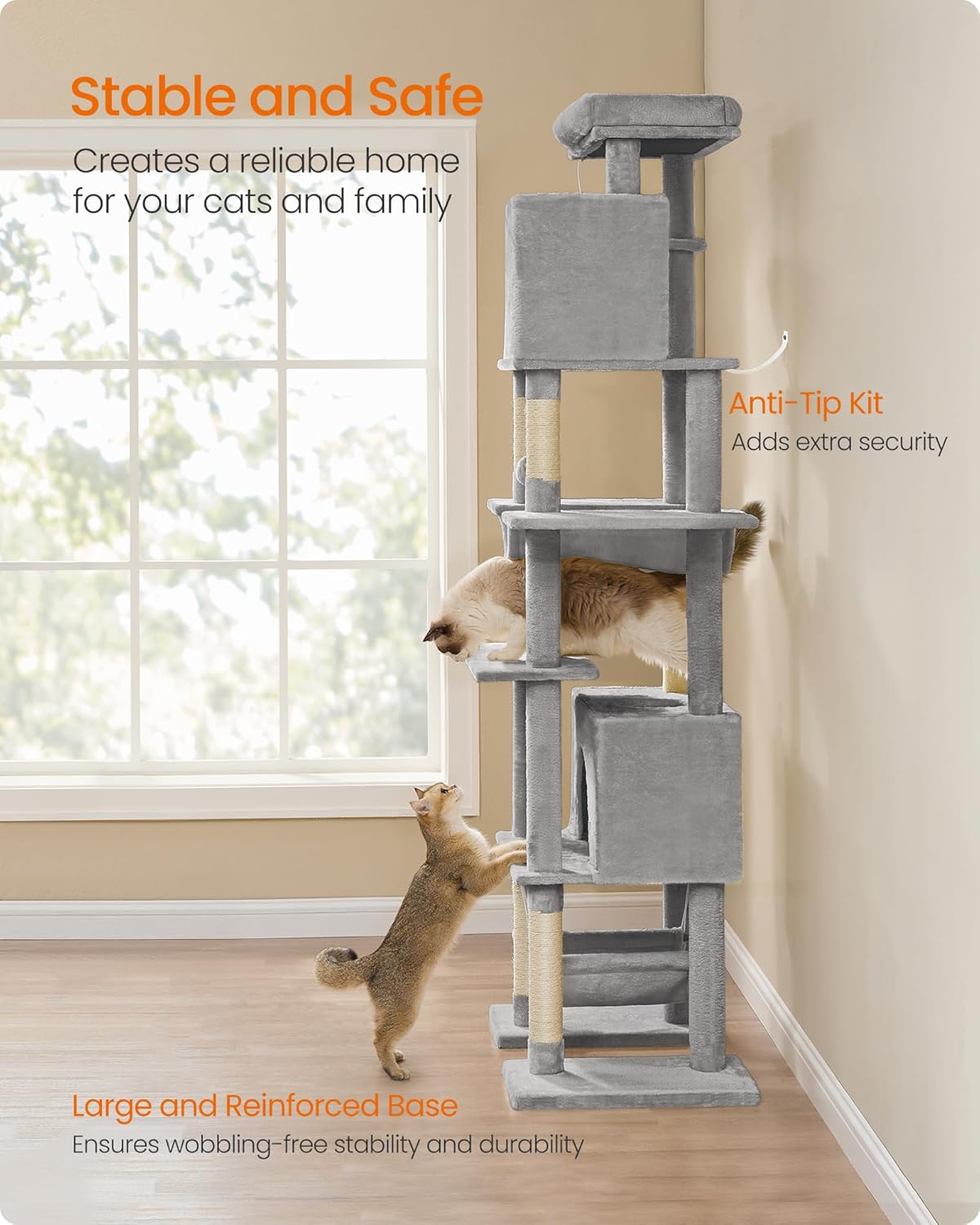 Cat Tree, 79.1 Inch Tall Cat Tower for Indoor Cats, Multi-Level Large Cat Condo with 4 Scratching Posts, 2 Hammocks, a Perch, 2 Cat Caves, Anti-Tip Kit, Light Gray UPCT195G01