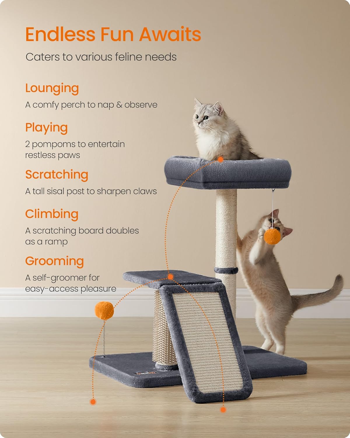 Cat Scratching Post with Bed, Multifunctional Cat Scratcher with Perch, Rotatable Ramp, Self-Groomer, Pompoms, Small Cat Tree for Indoor Cats, Dark Gray UPCA024G02