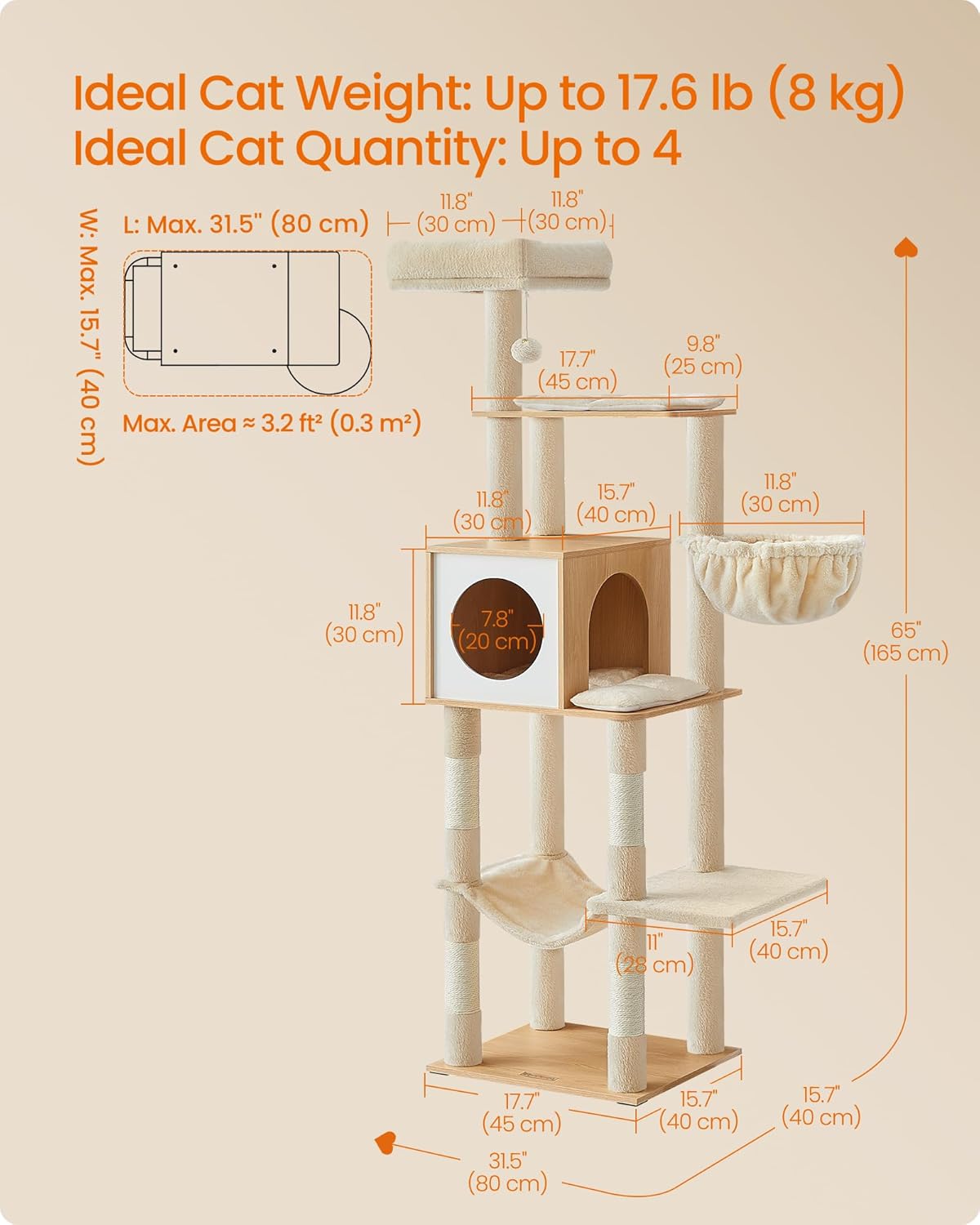 Cat Tree, 65-Inch Tall Cat Tower, Multi-Level Cat Condo with Cave, Basket, Hammock, Pompom, Scratching Posts, Almond Yellow UPCT118Y01