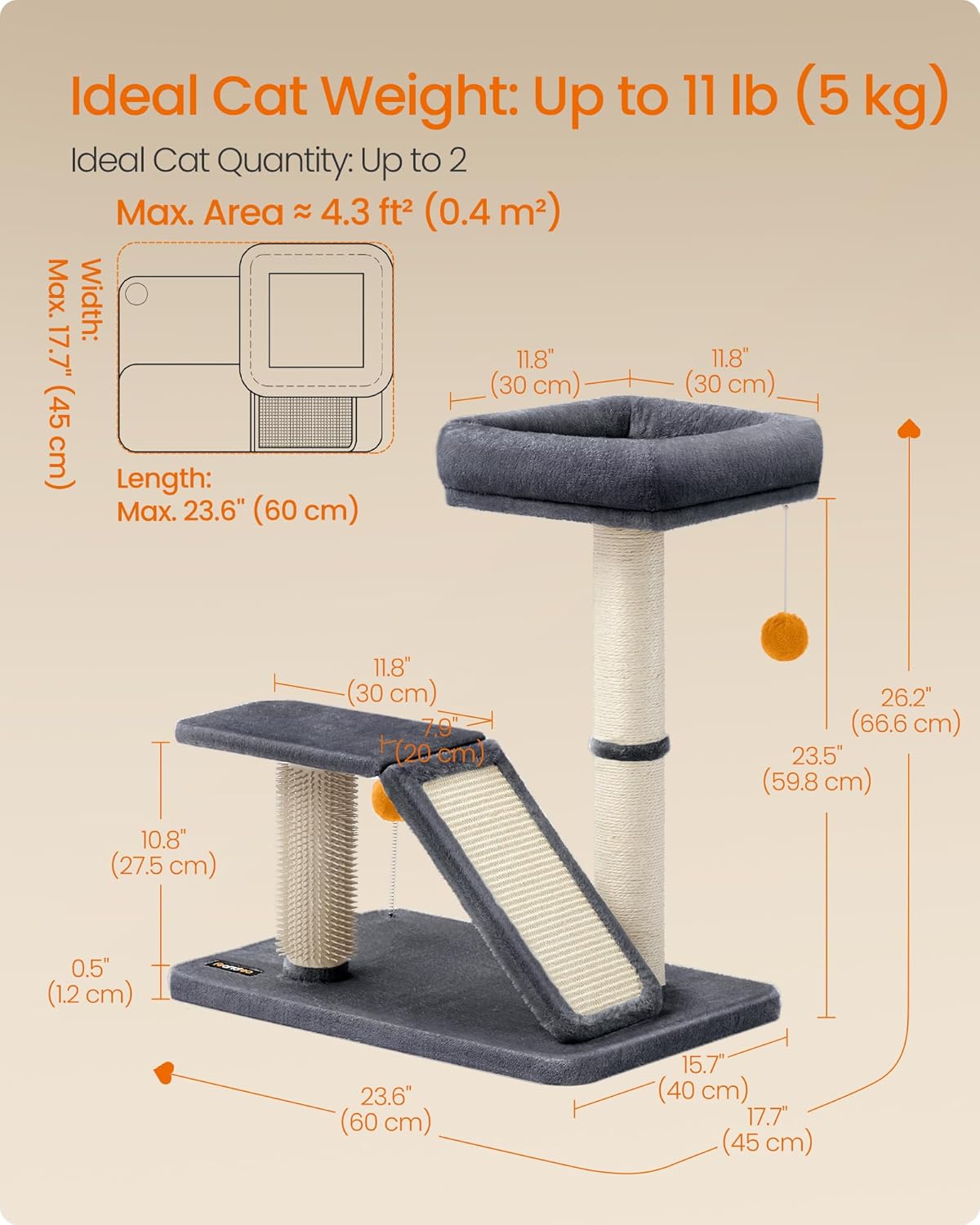 Cat Scratching Post with Bed, Multifunctional Cat Scratcher with Perch, Rotatable Ramp, Self-Groomer, Pompoms, Small Cat Tree for Indoor Cats, Dark Gray UPCA024G02