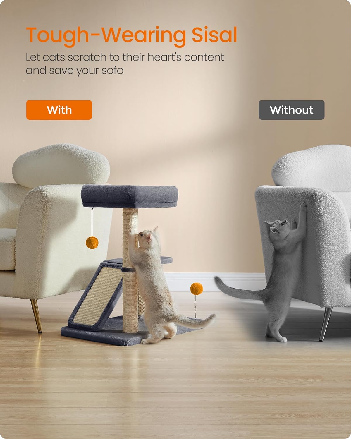 Cat Scratching Post with Bed, Multifunctional Cat Scratcher with Perch, Rotatable Ramp, Self-Groomer, Pompoms, Small Cat Tree for Indoor Cats, Dark Gray UPCA024G02