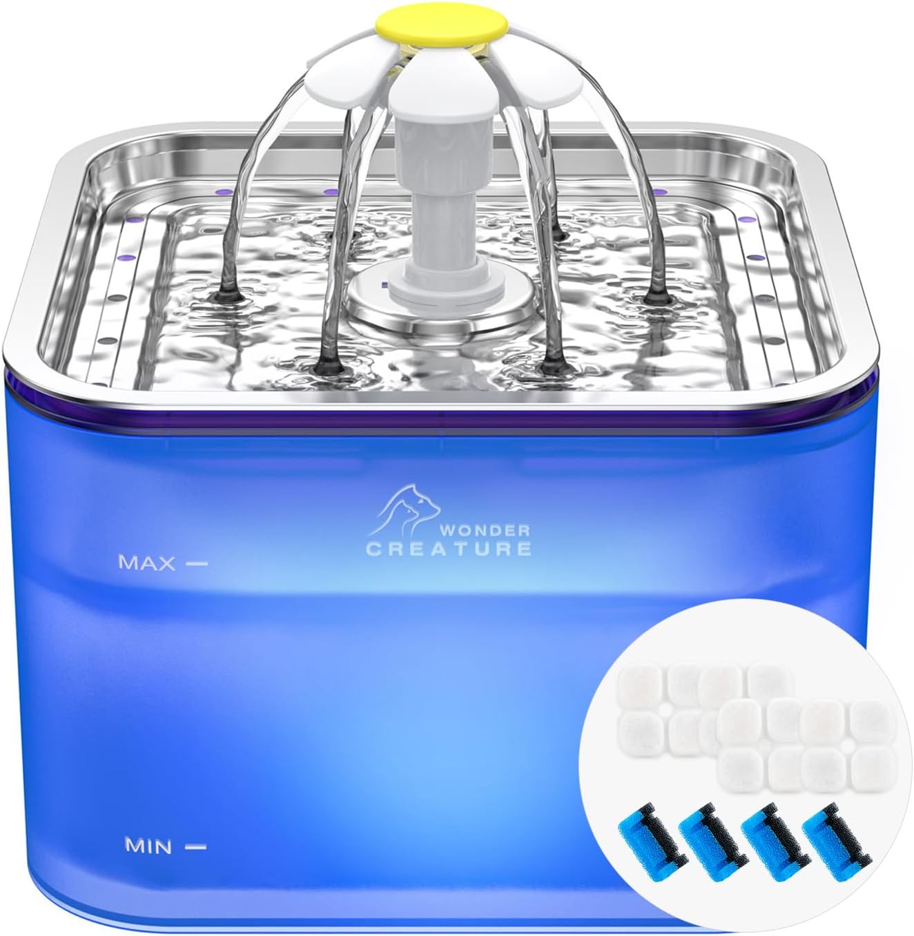 Crystal Cat Water Fountain Stainless Steel with 4 Filters and 4 Sponges, 101Oz/3L Pet Fountain with LED Light for Cats and Dogs (Black)