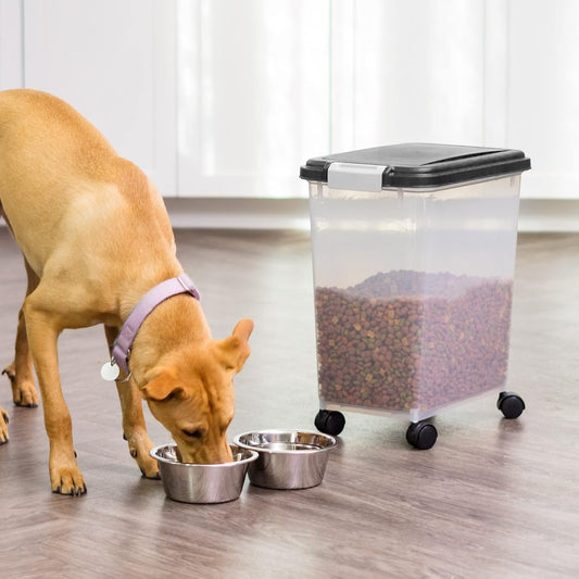 Airtight Dog Food Storage Container, up to 30 Lbs, Attachable Wheels, for Dog Cat Bird and Other Pet Food Storage Bin, Keep Fresh, Easy Mobility, BPA Free, Black