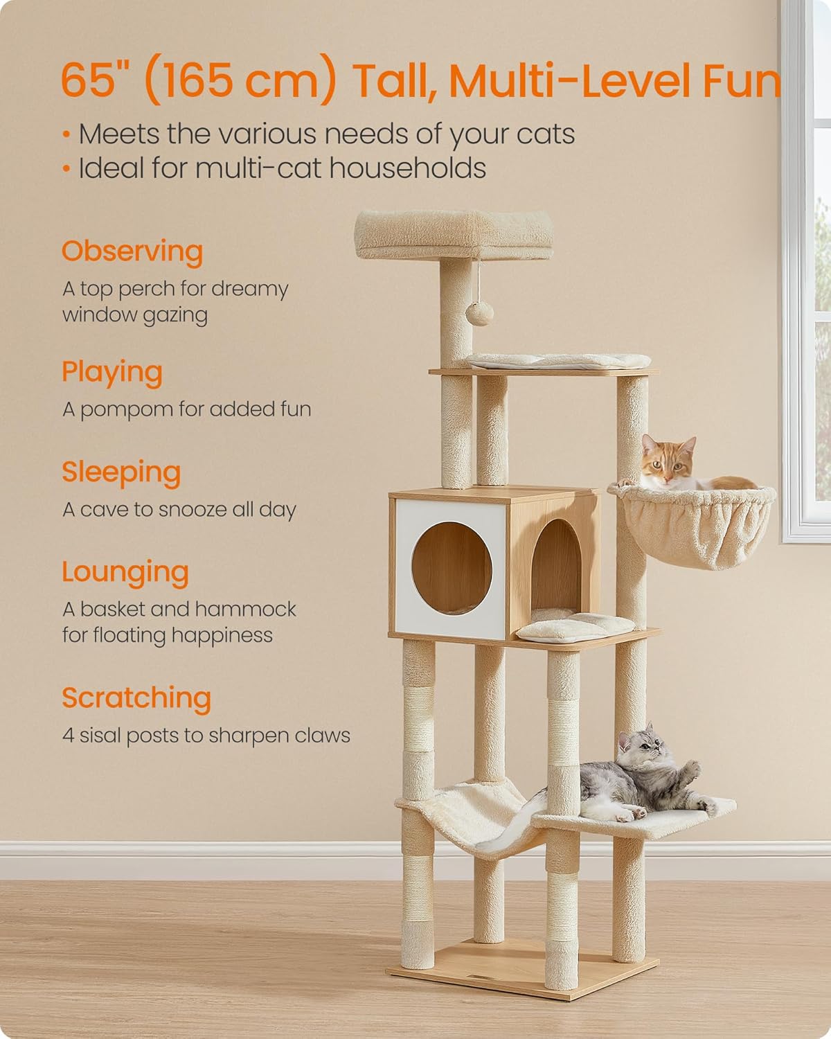 Cat Tree, 65-Inch Tall Cat Tower, Multi-Level Cat Condo with Cave, Basket, Hammock, Pompom, Scratching Posts, Almond Yellow UPCT118Y01