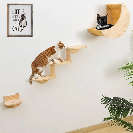 Wall Mounted Moon Hammock Beds for Cats Climbing Shelf Walk Steps Solid Wood Perch Bridges Scratching Posts Furniture for Cats