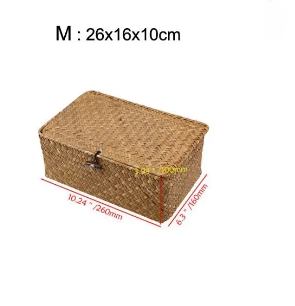Handmade Seagrass Woven Storage Box Seaweed Storage Finishing Basket with Lid Sundry Bath Cosmetic Towel Container Mx01161829