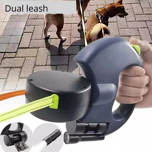 (2) Two Dog Reflective Retractable Pet Leash Ropes – 360 Degree Zero Tangle - Two Dogs Each up to 50 Lbs, Reflective Orange and Green Leads, Dual Locking, Auto Retractable with Flashlight