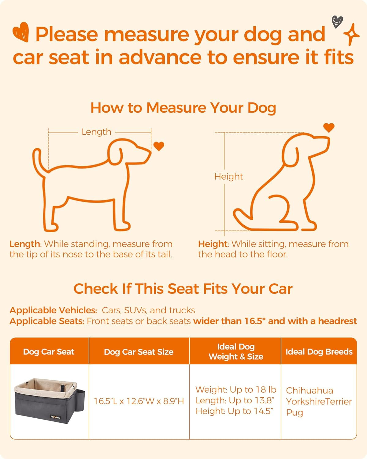 Dog Car Seat, Pet Booster Seat for Small Dogs up to 18 Lb, with Adjustable Straps, Removable Washable Fleece Liner, 4 Pockets, for Front Seats, Back Seats, Gray and Beige UPBS042G01