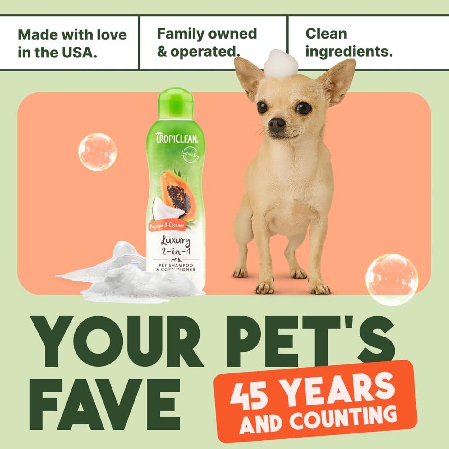 2-In-1 Dog Shampoo and Conditioner, Moisturizing Dog Detangler, Puppy Safe, Made in the USA, Papaya Scent, Cat & Kitten Safe, 20Oz.