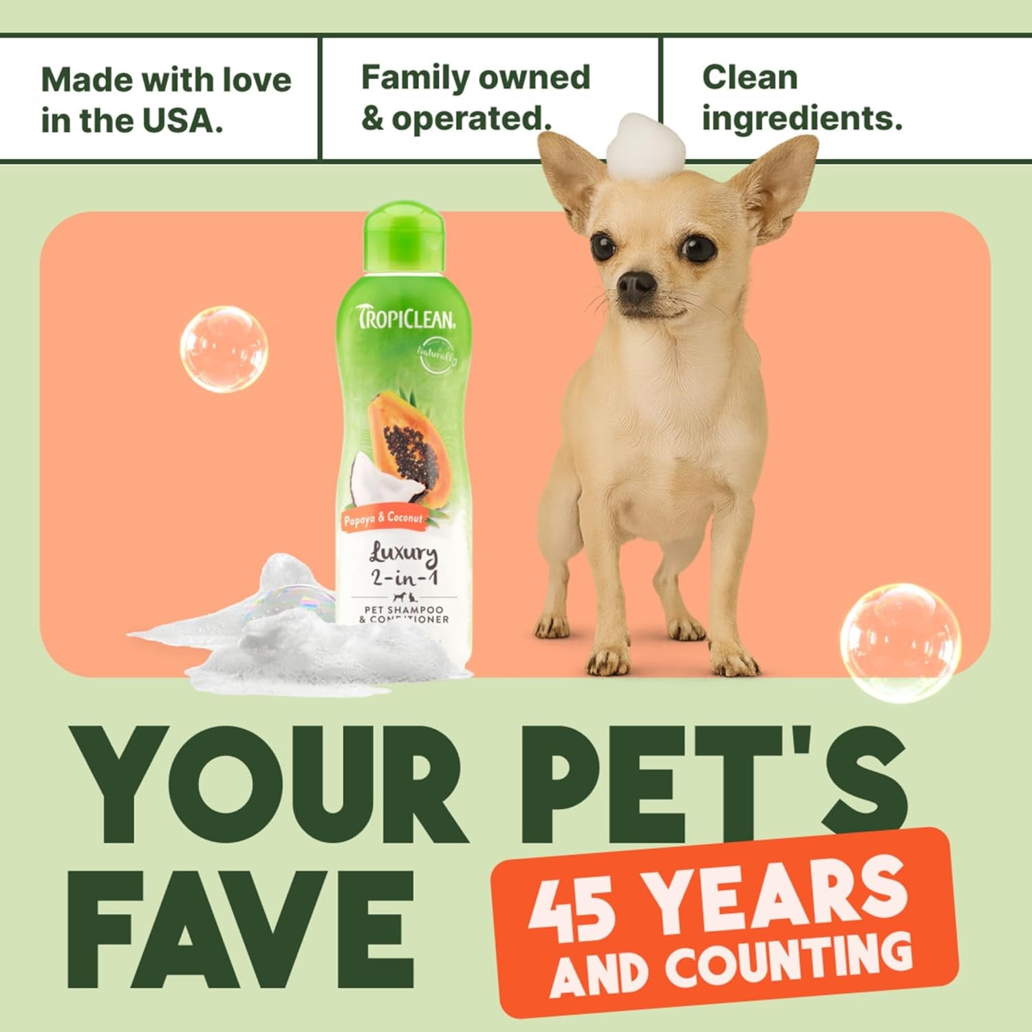 2-In-1 Dog Shampoo and Conditioner, Moisturizing Dog Detangler, Puppy Safe, Made in the USA, Papaya Scent, Cat & Kitten Safe, 20Oz.