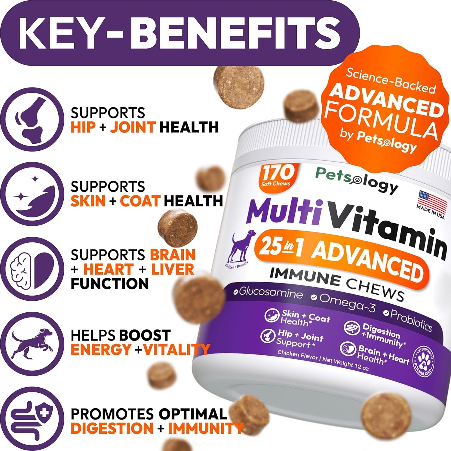 Dog Multivitamin Chewable - Dog Vitamins and Supplements with Glucosamine - 170 Chews - Hip & Joint, Pet Immune Support, Skin & Coat, Gut & Heart Health - Senior & Puppy Multivitamin Pet Supplement