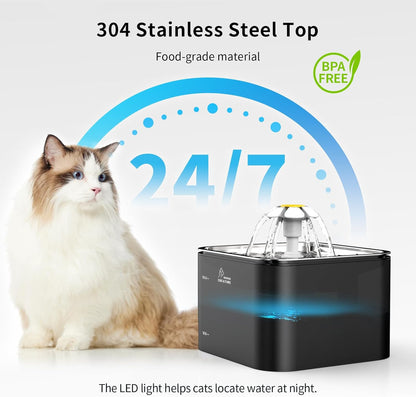 Crystal Cat Water Fountain Stainless Steel with 4 Filters and 4 Sponges, 101Oz/3L Pet Fountain with LED Light for Cats and Dogs (Black)
