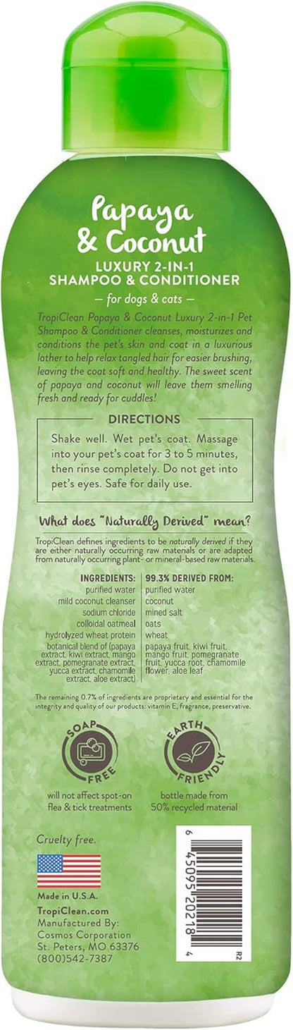 2-In-1 Dog Shampoo and Conditioner, Moisturizing Dog Detangler, Puppy Safe, Made in the USA, Papaya Scent, Cat & Kitten Safe, 20Oz.