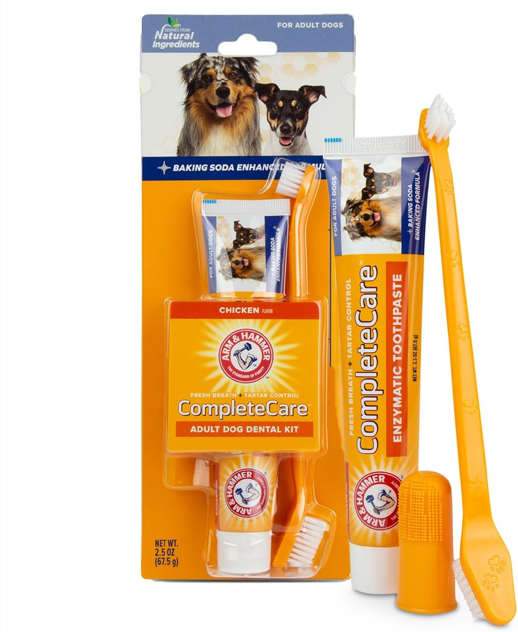 Complete Care Dog Dental Kit, Chicken Flavor Enzymatic Dog Toothpaste, Toothbrush, & Finger Brush, Baking Soda + Calcium, Enhanced Formula, 2.5Oz