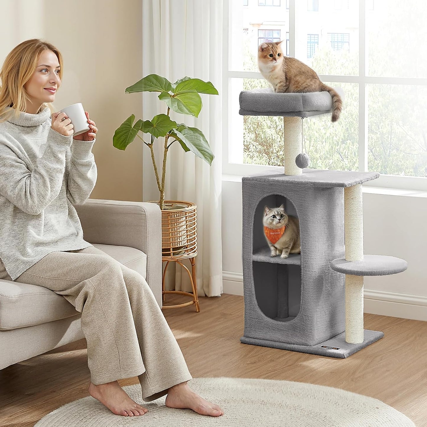 Cat Tree Tower with 2 Caves for Multi-Cat Households, Kittens, Scratching Posts, Light Gray UPCT005G01