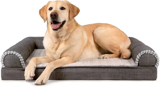 Orthopedic Dog Bed for Large/Medium Dogs W/ Removable Bolsters & Washable Cover, for Dogs up to 55 Lbs - Luxe Faux Fur & Performance Linen Sofa - Charcoal, Large