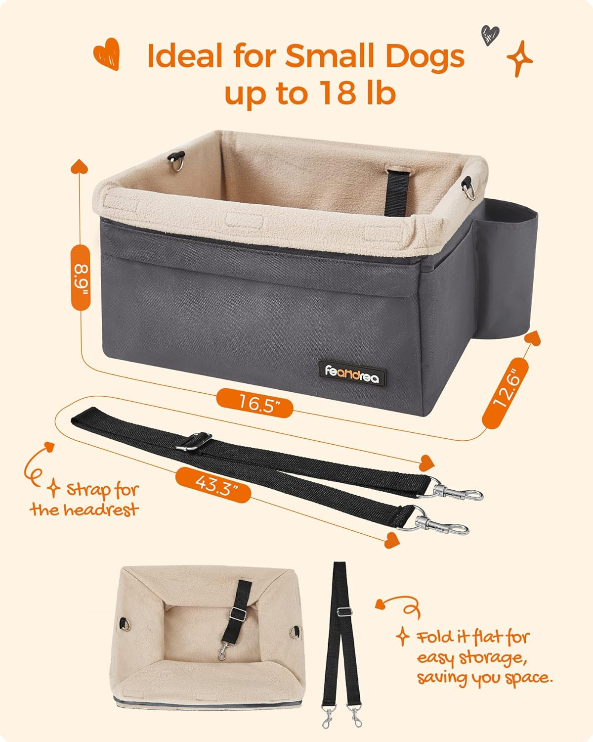 Dog Car Seat, Pet Booster Seat for Small Dogs up to 18 Lb, with Adjustable Straps, Removable Washable Fleece Liner, 4 Pockets, for Front Seats, Back Seats, Gray and Beige UPBS042G01