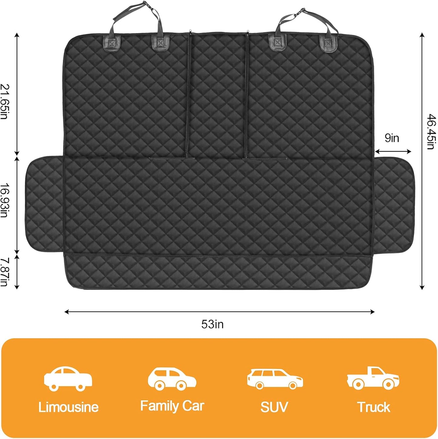 Dog Car Seat Cover, 4-Layer Protection Waterproof Back Seat Cover, Rear Cover with 1 Elastic Dog Seat Belt, Keeps Seat Non-Slip, Away from Scratches for Cars Trucks Suvs(46.5" Lx53 W, Black)
