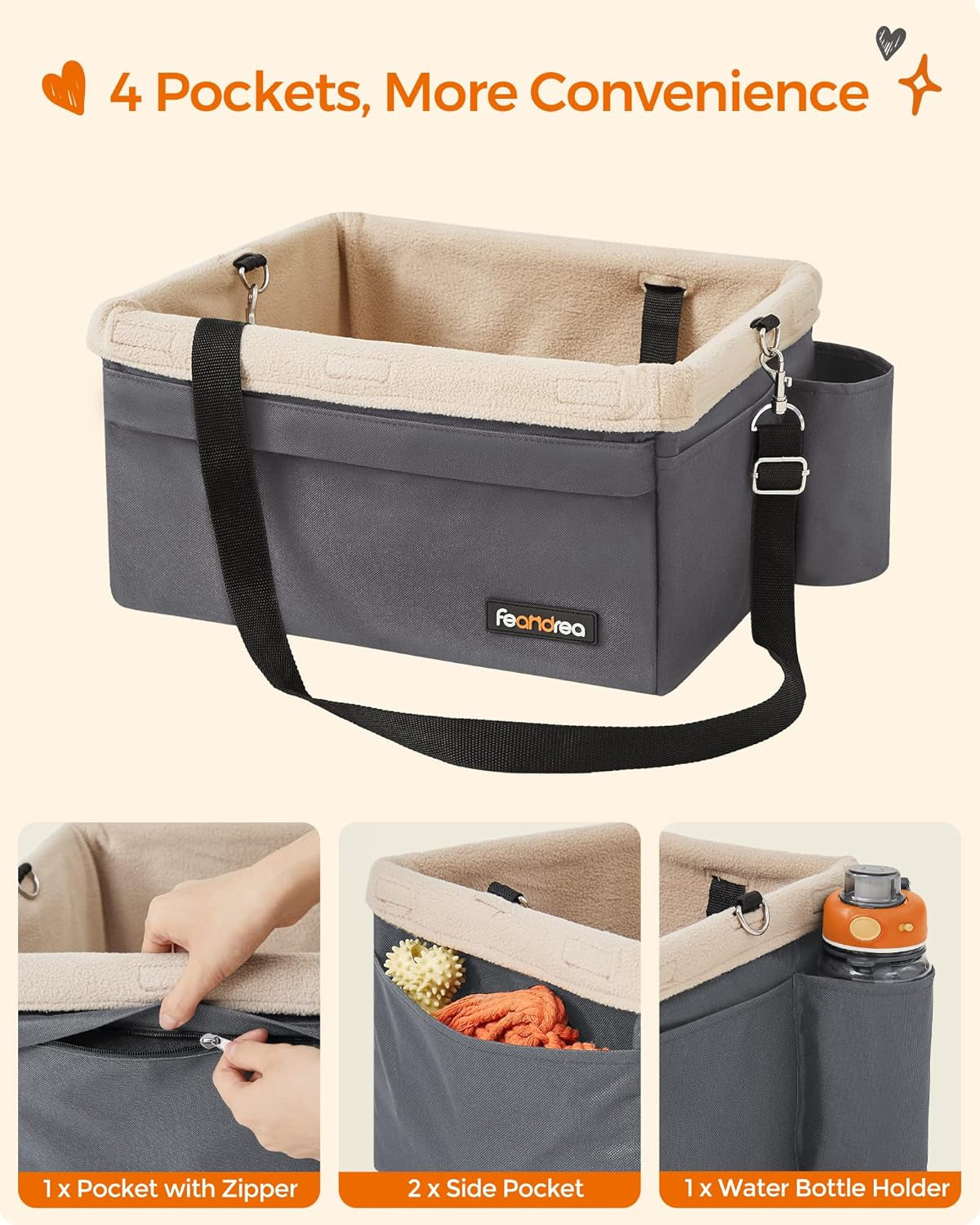 Dog Car Seat, Pet Booster Seat for Small Dogs up to 18 Lb, with Adjustable Straps, Removable Washable Fleece Liner, 4 Pockets, for Front Seats, Back Seats, Gray and Beige UPBS042G01