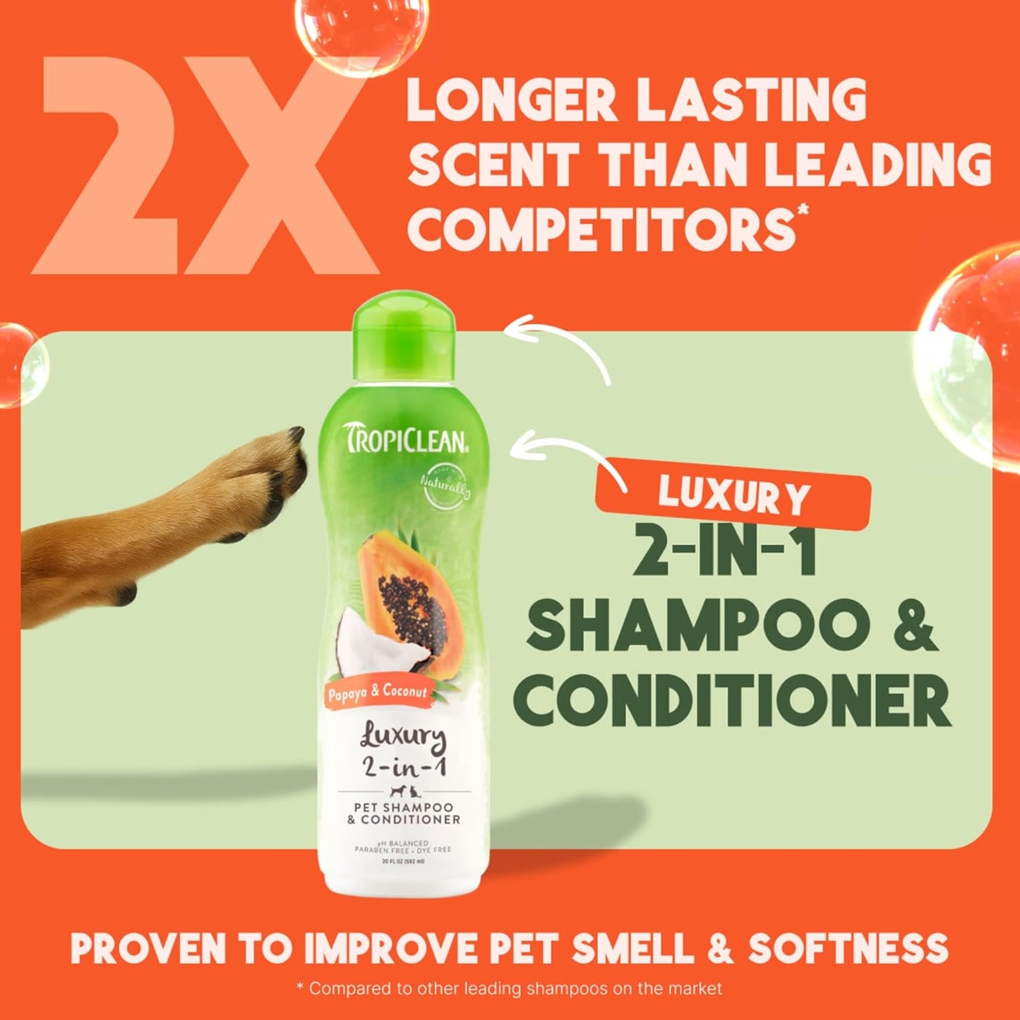 2-In-1 Dog Shampoo and Conditioner, Moisturizing Dog Detangler, Puppy Safe, Made in the USA, Papaya Scent, Cat & Kitten Safe, 20Oz.
