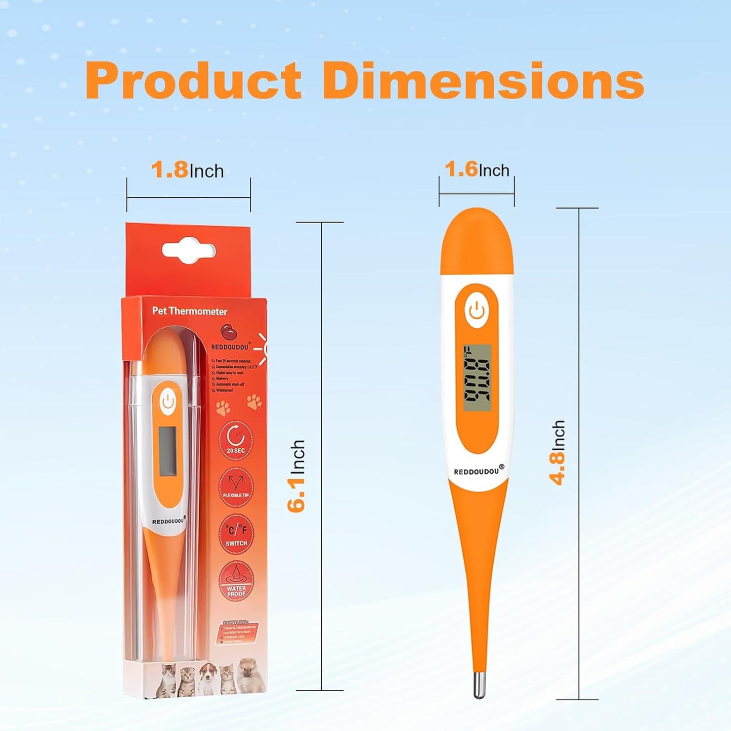 Digital Pet Thermometer for Accurate Fever Detection, Suitable for Cats/Dogs/Horse/Veterinarian, Waterproof Pet Thermometer, Fast and Accurate Measurements in 20 Seconds (Orange)