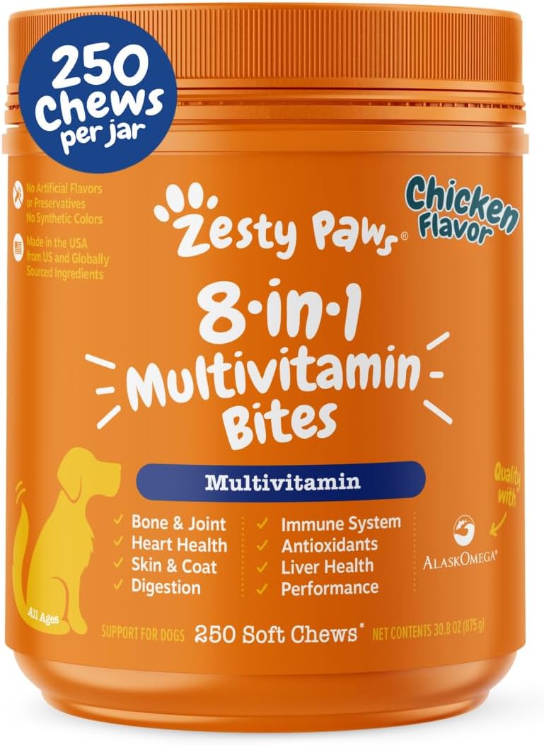 Dog Multivitamin, Chewable Dog Vitamins and Supplements for Hip & Joints, Skin & Coat, Omega 3 Fish Oil for Dogs- Senior & Puppy Multivitamin- Chicken- 90Ct