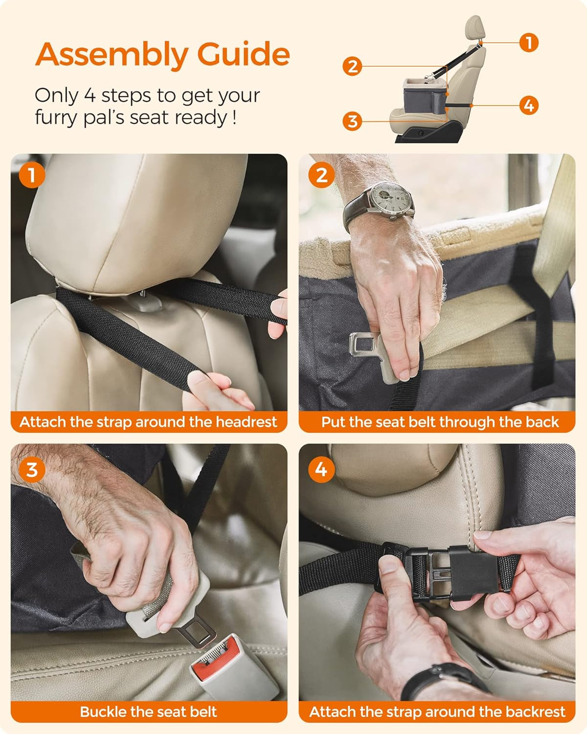 Dog Car Seat, Pet Booster Seat for Small Dogs up to 18 Lb, with Adjustable Straps, Removable Washable Fleece Liner, 4 Pockets, for Front Seats, Back Seats, Gray and Beige UPBS042G01