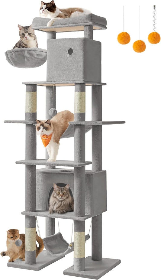 Cat Tree, 79.1 Inch Tall Cat Tower for Indoor Cats, Multi-Level Large Cat Condo with 4 Scratching Posts, 2 Hammocks, a Perch, 2 Cat Caves, Anti-Tip Kit, Light Gray UPCT195G01