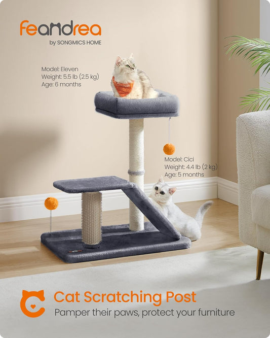 Cat Scratching Post with Bed, Multifunctional Cat Scratcher with Perch, Rotatable Ramp, Self-Groomer, Pompoms, Small Cat Tree for Indoor Cats, Dark Gray UPCA024G02