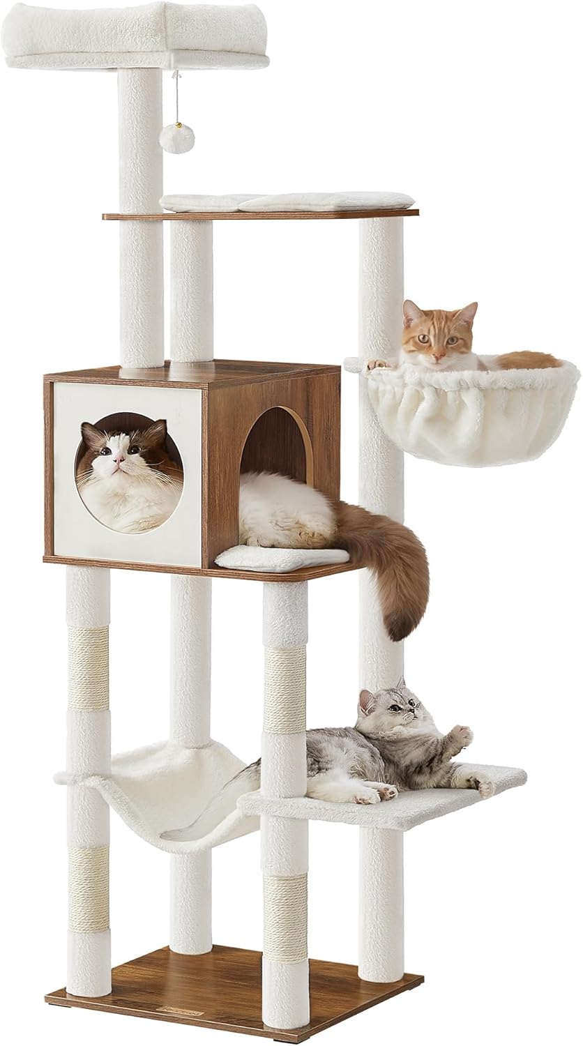Cat Tree, 65-Inch Tall Cat Tower, Multi-Level Cat Condo with Cave, Basket, Hammock, Pompom, Scratching Posts, Almond Yellow UPCT118Y01