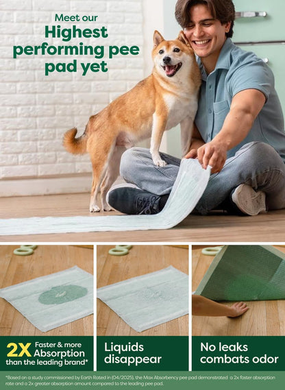 Max Absorbency Puppy Pee Pads for Dogs Absorbs 2X Faster & 2X More, Leak-Proof, Odor Control Potty Training, Unscented, Large, 22” X 23”, 40 Count