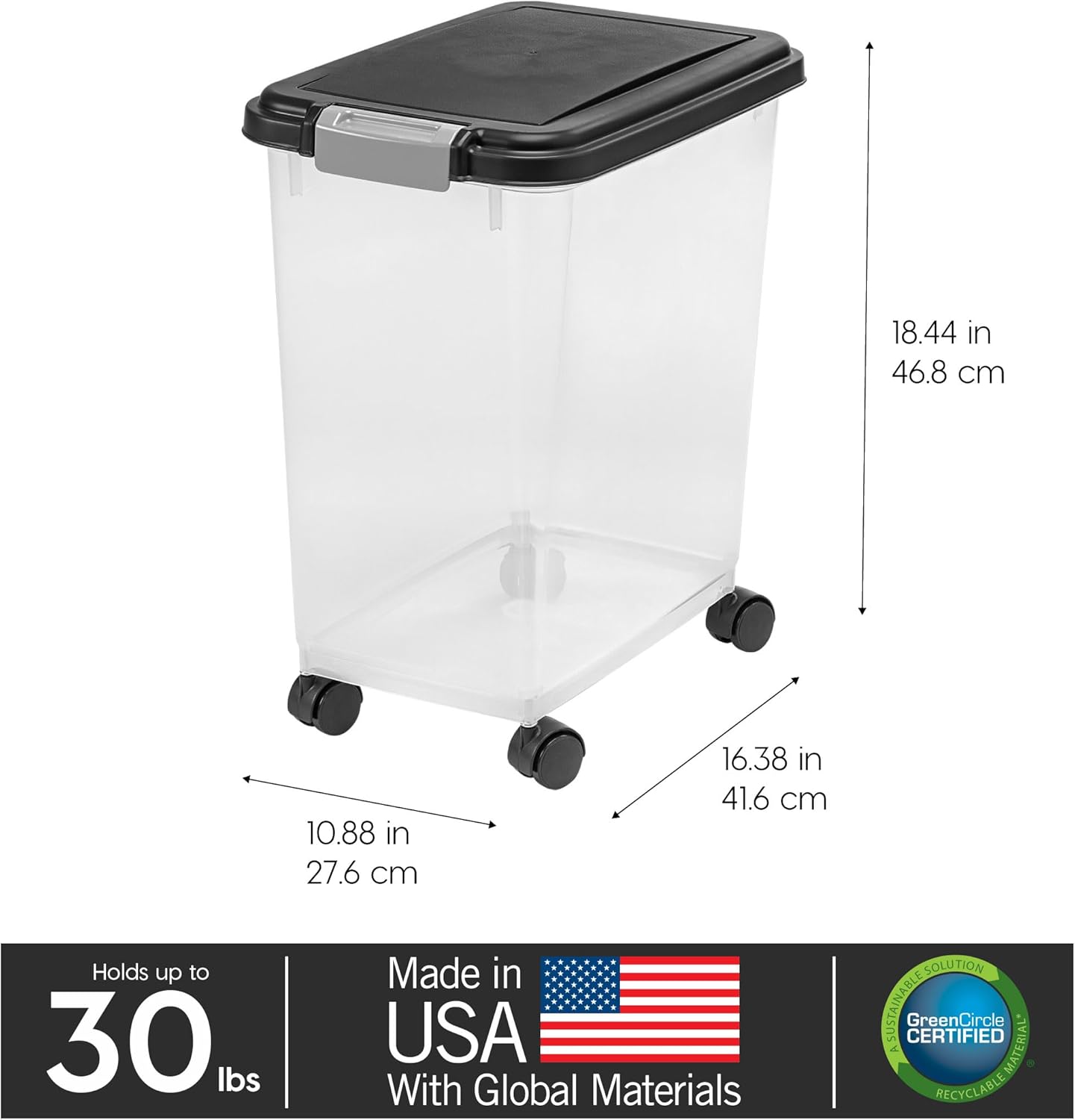Airtight Dog Food Storage Container, up to 30 Lbs, Attachable Wheels, for Dog Cat Bird and Other Pet Food Storage Bin, Keep Fresh, Easy Mobility, BPA Free, Black