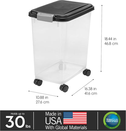 Airtight Dog Food Storage Container, up to 30 Lbs, Attachable Wheels, for Dog Cat Bird and Other Pet Food Storage Bin, Keep Fresh, Easy Mobility, BPA Free, Black