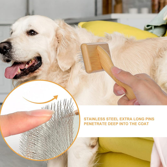Dog & Cat Brush, Pet Slicker Brush with Bamboo Handle for Large Medium & Short Hair Elegant Grooming Comb for Removing Shedding, Tangles and Dirt