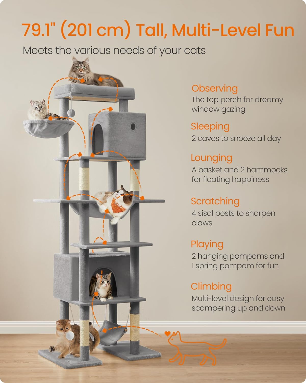 Cat Tree, 79.1 Inch Tall Cat Tower for Indoor Cats, Multi-Level Large Cat Condo with 4 Scratching Posts, 2 Hammocks, a Perch, 2 Cat Caves, Anti-Tip Kit, Light Gray UPCT195G01