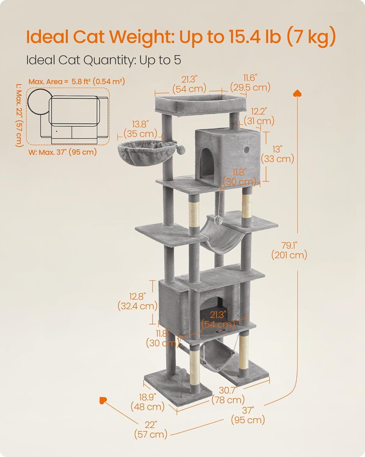 Cat Tree, 79.1 Inch Tall Cat Tower for Indoor Cats, Multi-Level Large Cat Condo with 4 Scratching Posts, 2 Hammocks, a Perch, 2 Cat Caves, Anti-Tip Kit, Light Gray UPCT195G01