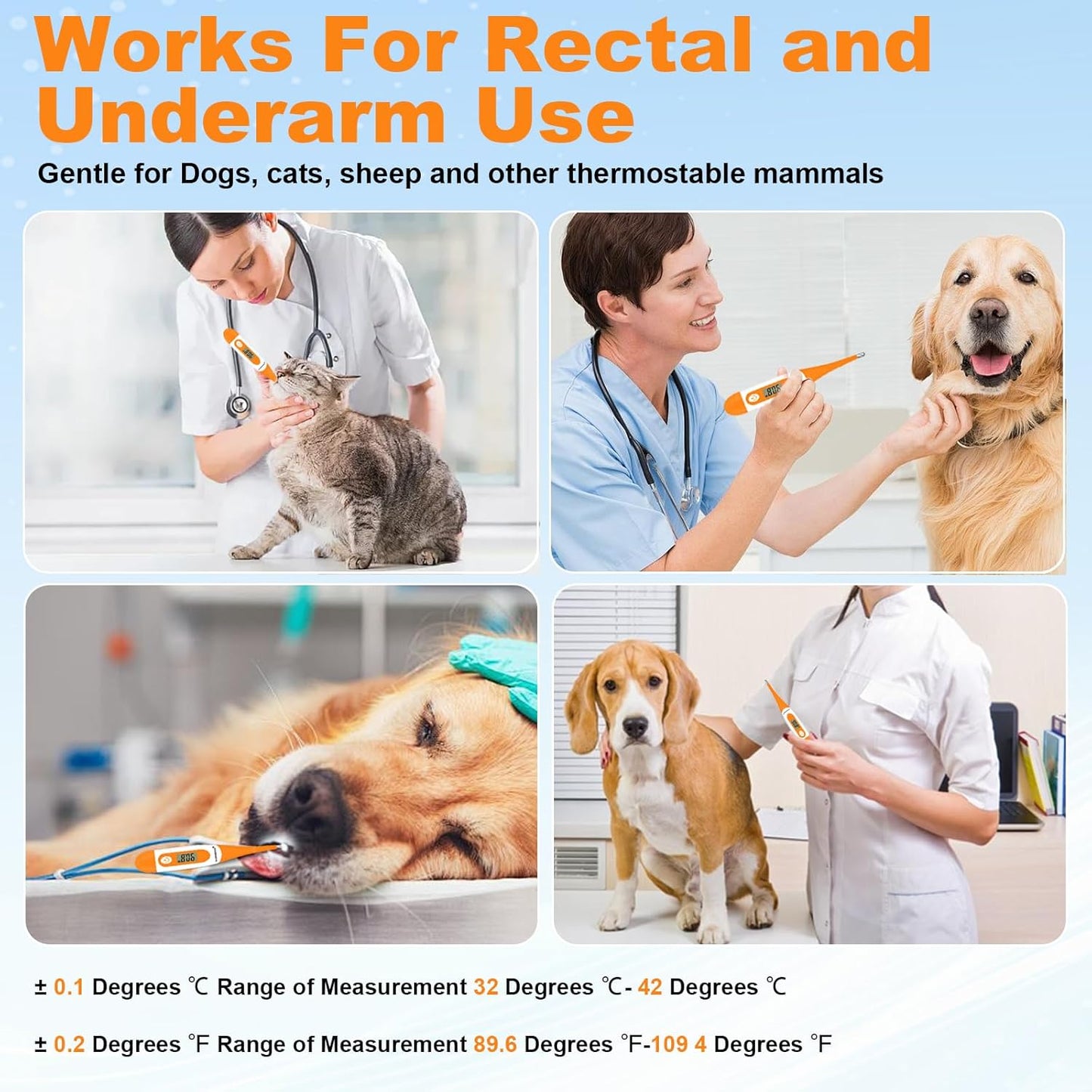 Digital Pet Thermometer for Accurate Fever Detection, Suitable for Cats/Dogs/Horse/Veterinarian, Waterproof Pet Thermometer, Fast and Accurate Measurements in 20 Seconds (Orange)