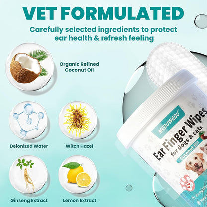 Ear Cleaner Finger Wipes 60 Counts, Dog Ear Cleaner, Grooming Kit Care for Dogs and Cats, Soft & Easy Otic Cleaning Pads, Remove Wax, Dirt & Stop Smelly, Itchy, Non-Irritating, Coconut Scent
