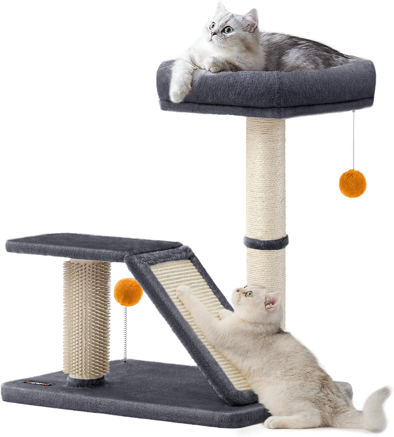 Cat Scratching Post with Bed, Multifunctional Cat Scratcher with Perch, Rotatable Ramp, Self-Groomer, Pompoms, Small Cat Tree for Indoor Cats, Dark Gray UPCA024G02
