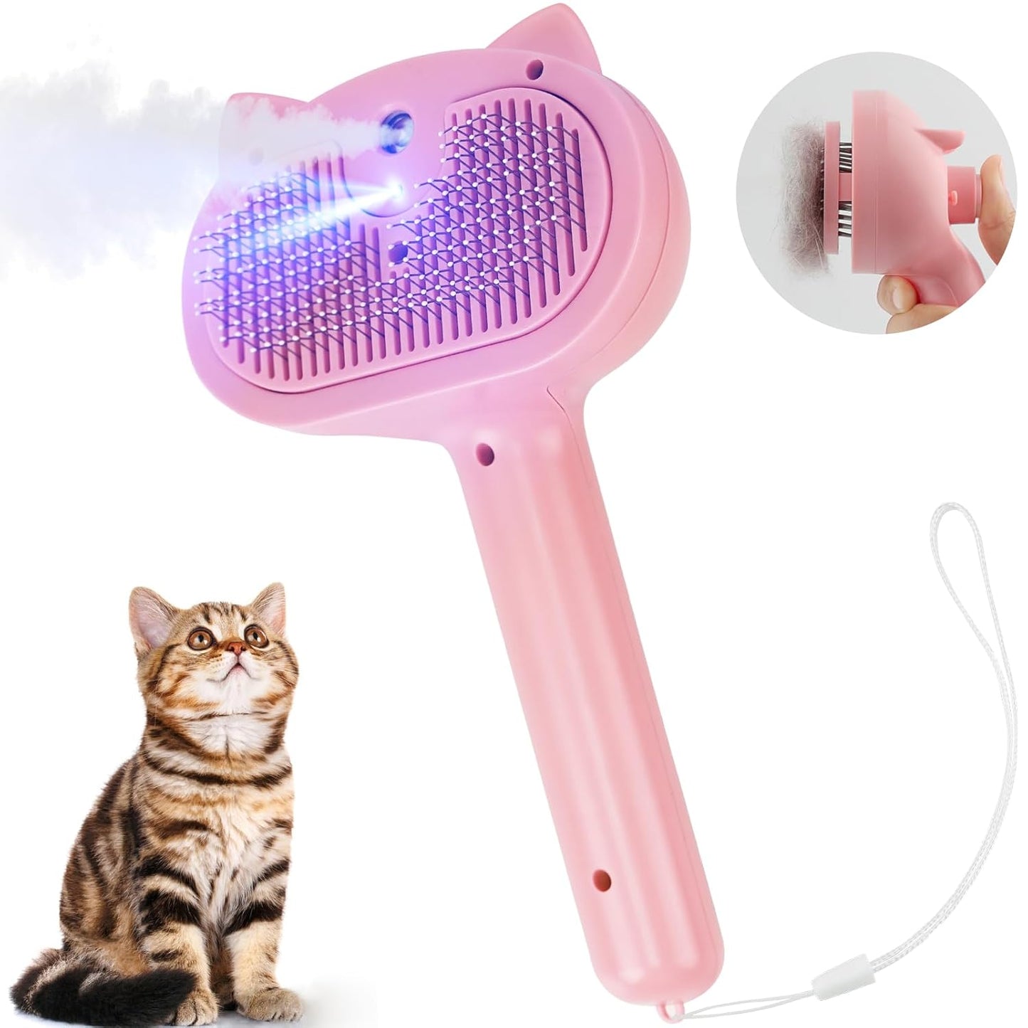 Cat Steam Brush for Shedding, 4 in 1 Steamy Cat Brush with Release Button, Self Cleaning Metal Pet Misting Hair Comb with Handle for Grooming Kitten Dog(White)