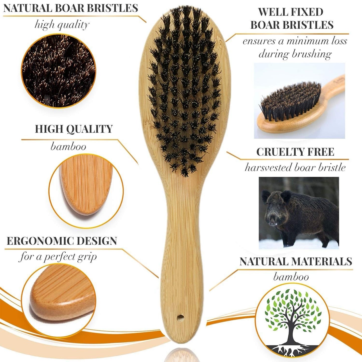 Dog Cat Brush for Shedding, Natural Bamboo Boar Bristles Brush, Pet Grooming Supplies for Short and Long Haired Dogs Cats, Gentle Easy Grooming Massage, Japanese Design