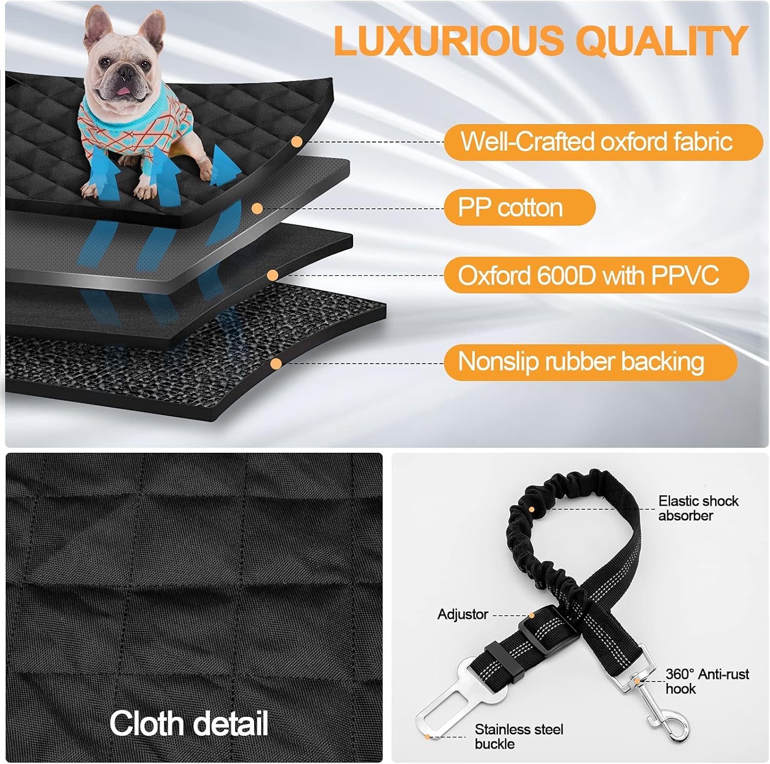 Dog Car Seat Cover, 4-Layer Protection Waterproof Back Seat Cover, Rear Cover with 1 Elastic Dog Seat Belt, Keeps Seat Non-Slip, Away from Scratches for Cars Trucks Suvs(46.5" Lx53 W, Black)