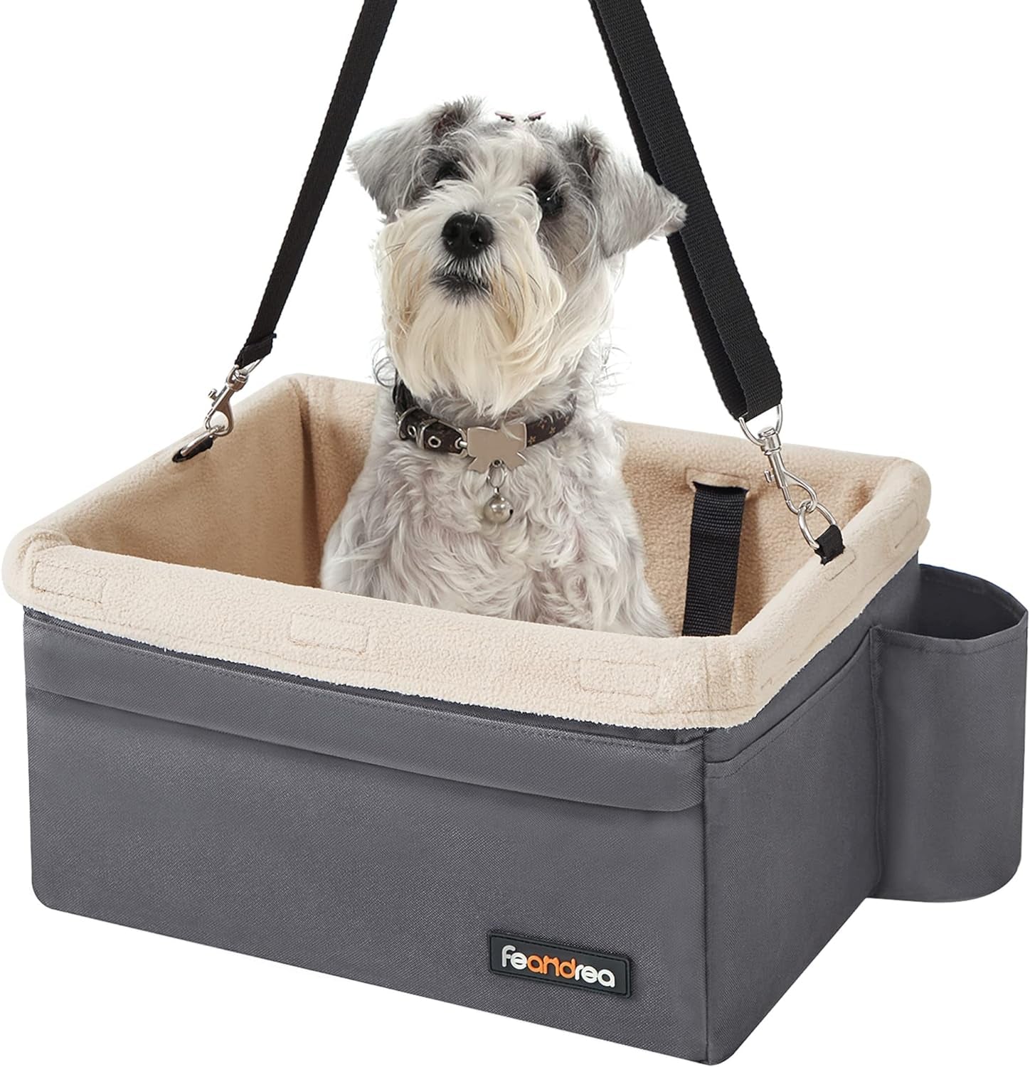Dog Car Seat, Pet Booster Seat for Small Dogs up to 18 Lb, with Adjustable Straps, Removable Washable Fleece Liner, 4 Pockets, for Front Seats, Back Seats, Gray and Beige UPBS042G01