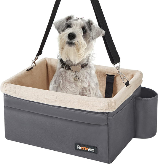 Dog Car Seat, Pet Booster Seat for Small Dogs up to 18 Lb, with Adjustable Straps, Removable Washable Fleece Liner, 4 Pockets, for Front Seats, Back Seats, Gray and Beige UPBS042G01