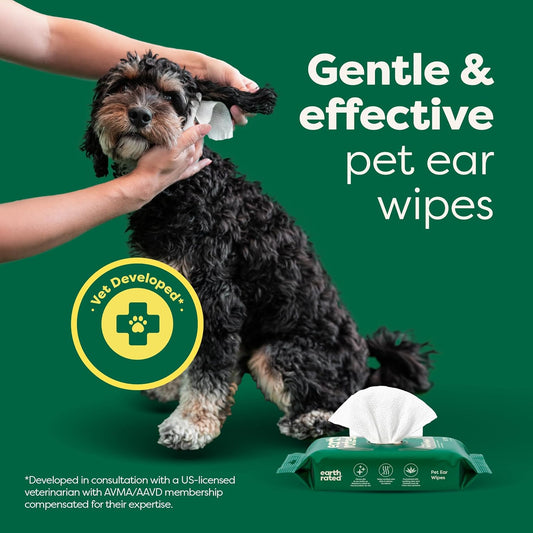 Vet-Developed Pet Ear Wipes, Hypoallergenic Cleaner for Dogs & Cats Ears to Remove Dirt and Wax Build Up, Wild Oat Scent, 70 Count