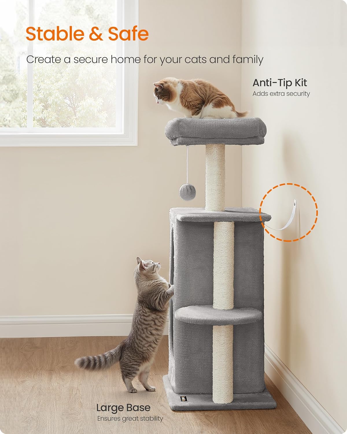 Cat Tree Tower with 2 Caves for Multi-Cat Households, Kittens, Scratching Posts, Light Gray UPCT005G01